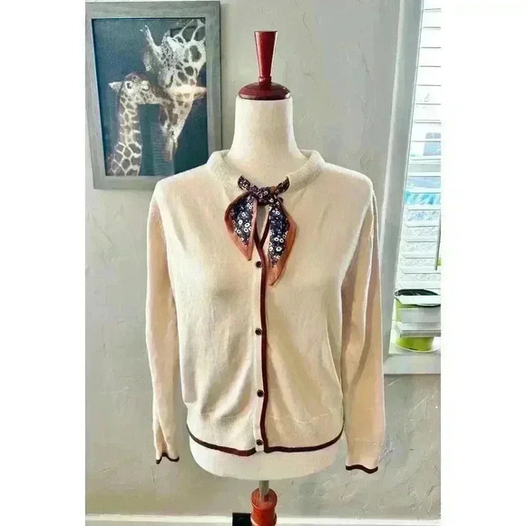 Euro Style Soft Cream Cardigan Button Up With Scarf Tie Brown Trim Size S - Picture 6 of 7